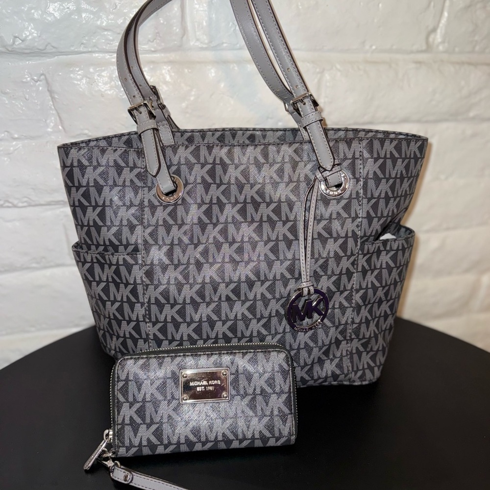 Michael Kors Gray MK Monogram Tote with Matching Wallet